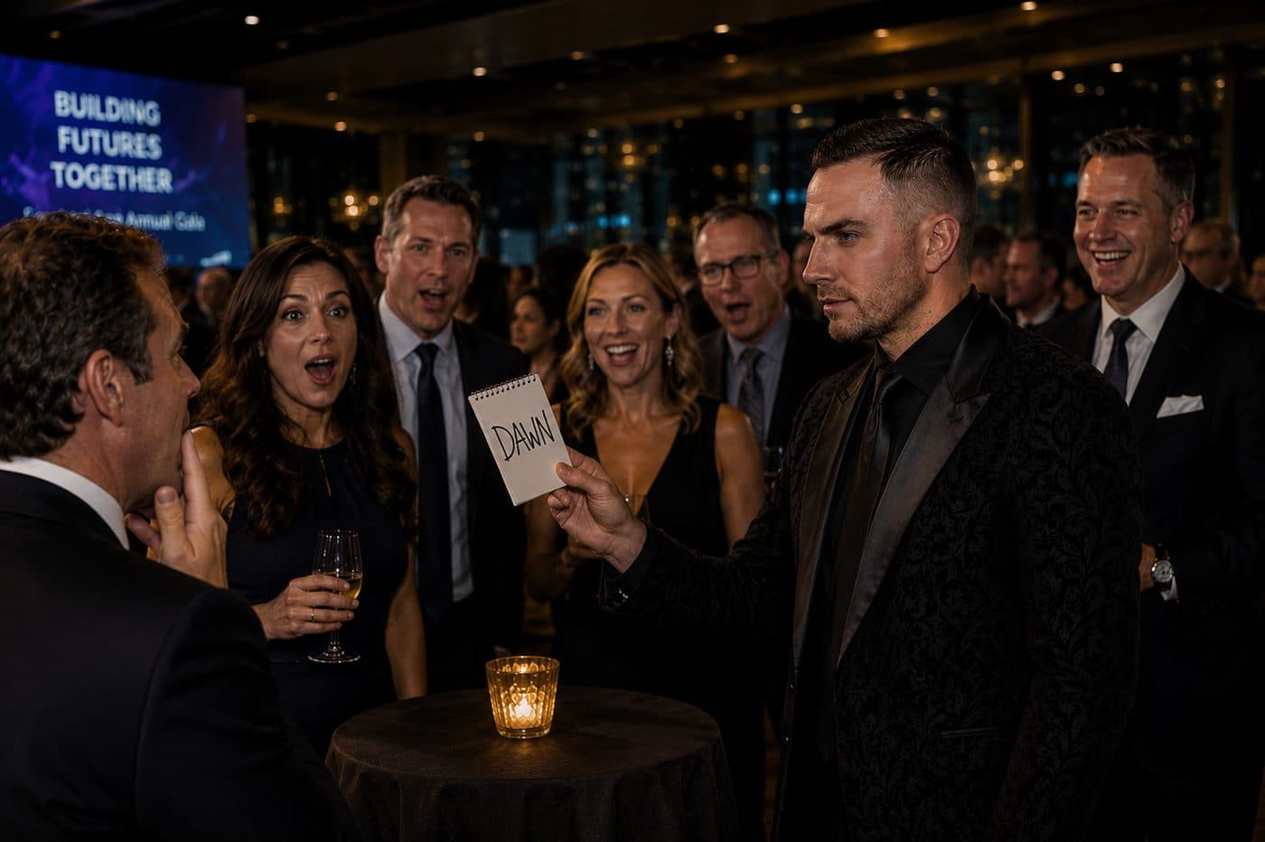 Guests at a corporate cocktail reception laughing as Chris Dare reveals a chosen card.