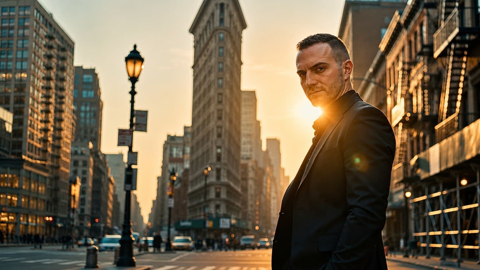 Chris Dare in a black suit at golden hour in front of the Flatiron Building in NYC