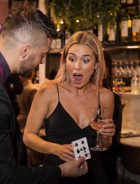 A guest gasping as Chris Dare reveals her chosen card at a cocktail party