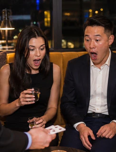 Two seated guests reacting open-mouthed to a card reveal by Chris Dare