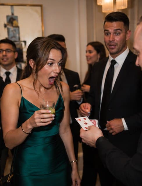 A guest in a green dress reacting with astonishment to Chris Dare's close-up magic