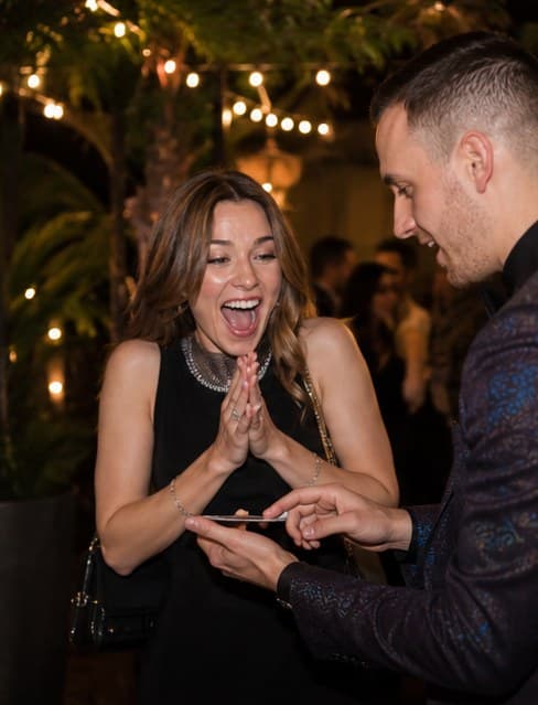 A delighted guest clasping her hands as Chris Dare performs a close-up effect