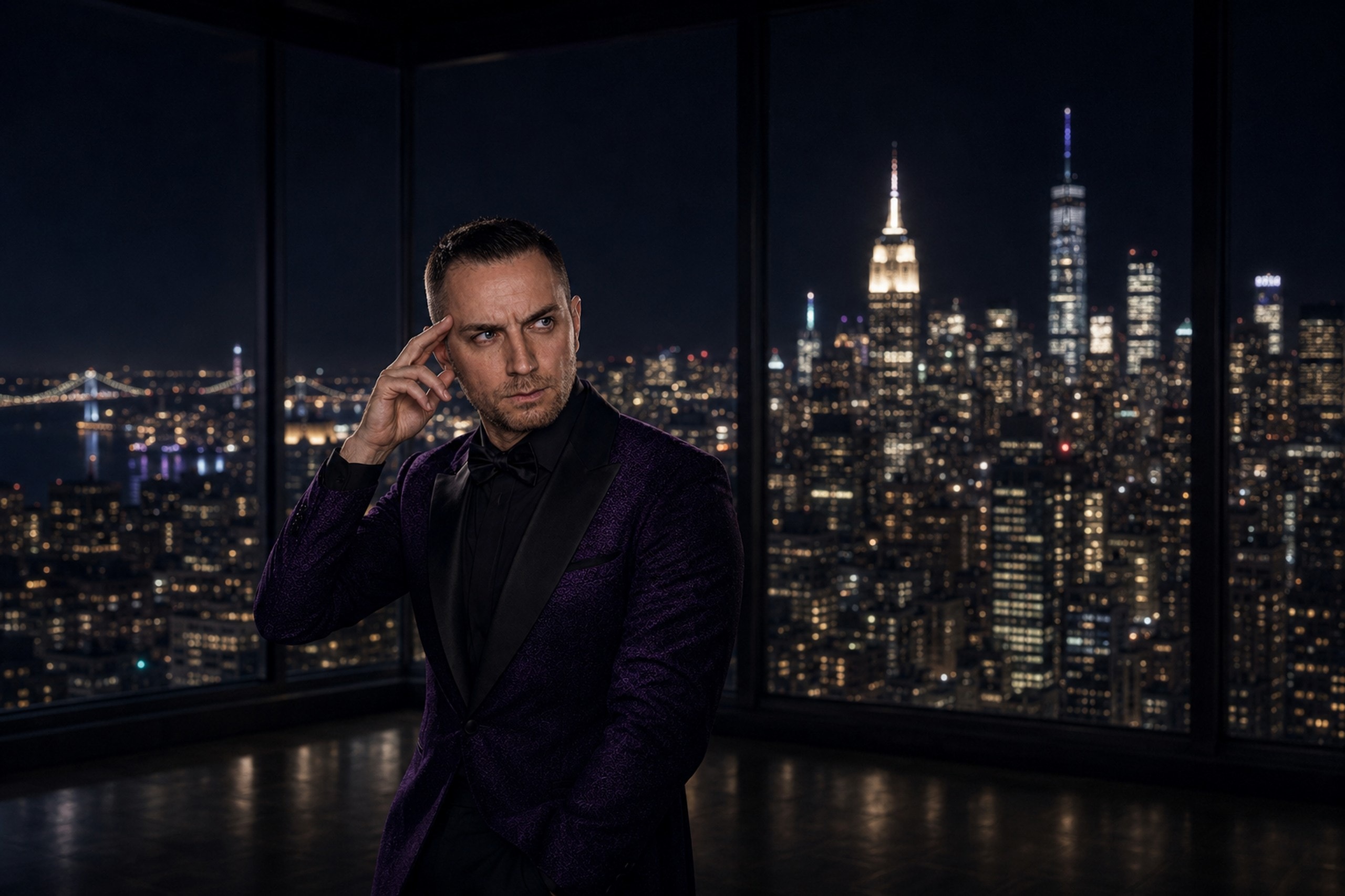 Mentalist Chris Dare with his hand to his temple in front of the New York City skyline at night