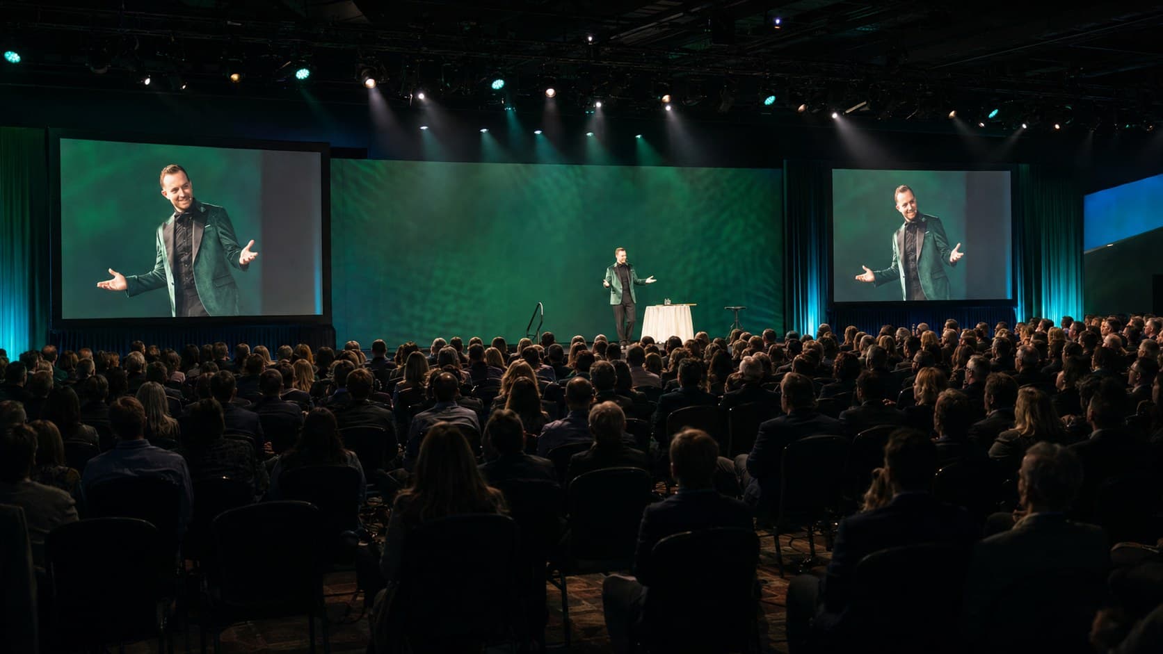 Chris Dare performing his mentalism stage show for a packed conference general session, shown on two large screens