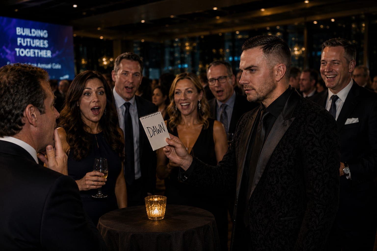 Guests reacting with astonishment during Chris Dare's close-up magic at a corporate reception