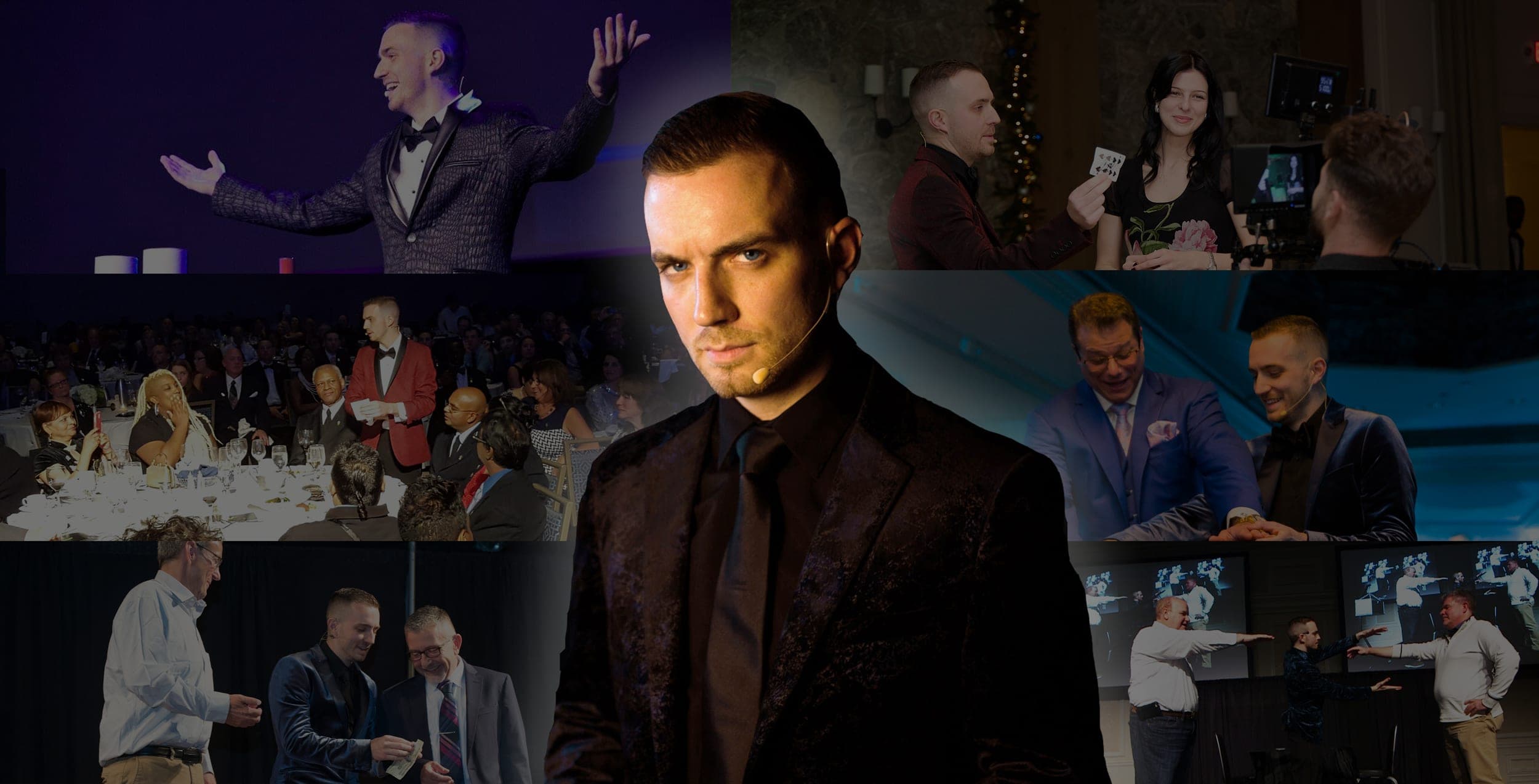 Collage of Chris Dare performing corporate magic and mentalism at galas, stage shows, and private events
