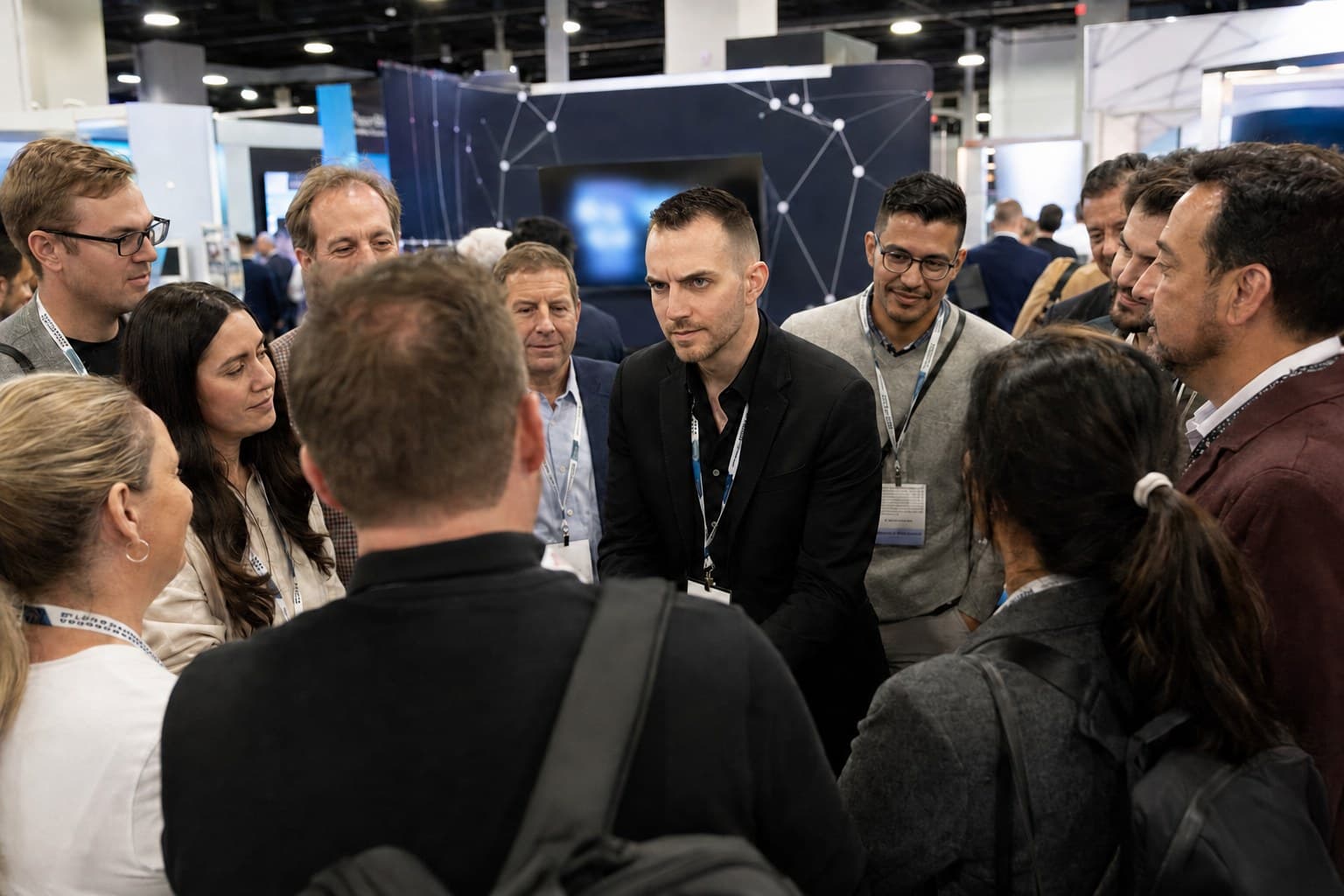 A crowd of trade show attendees gathered around Chris Dare mid-performance on the convention floor